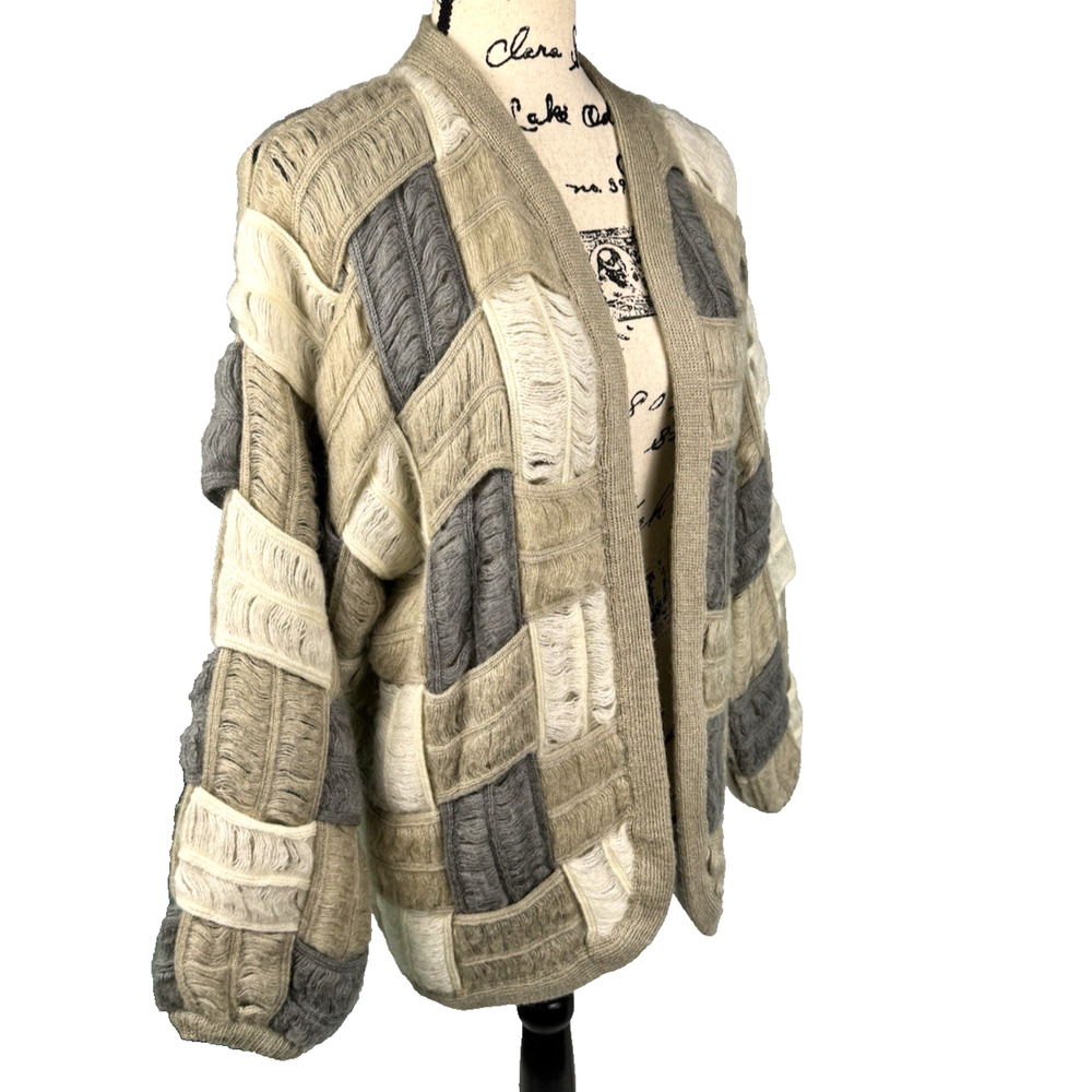 Textured Cardigan Sweater Mohair Patchwork Neutrals Vtg 80s Women Sz M Quiet Lux